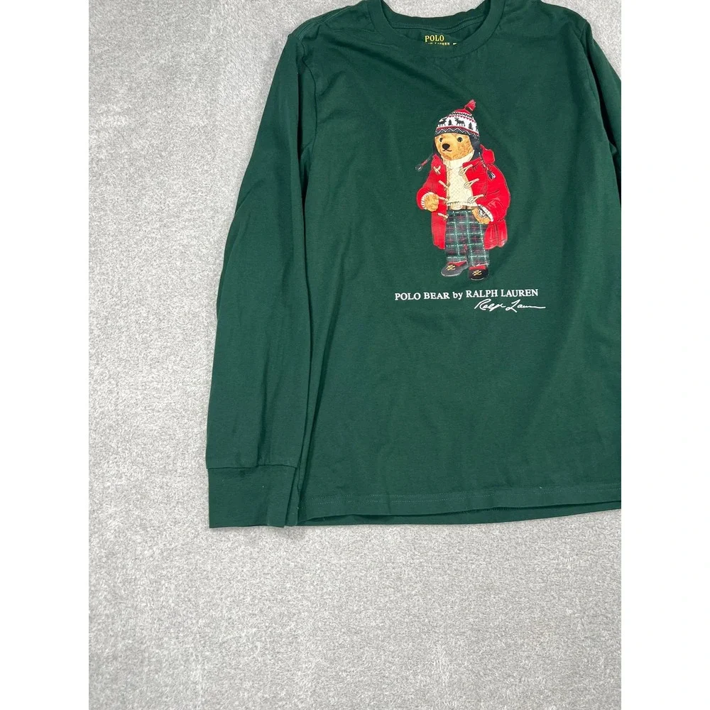 Polo Ralph Lauren Boys Large 14-16 Green Long Sleeve Polo Bear Graphic T-Shirt